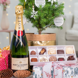 Champagne, Christmas tree and chocolates