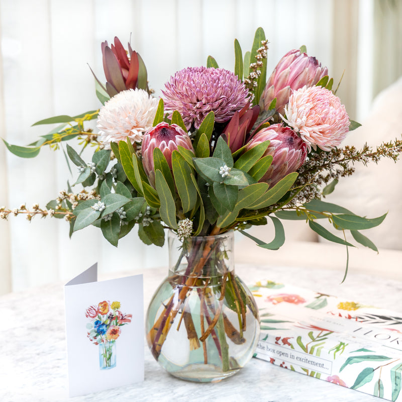 Bouquet with protea and disbud chrysanthemums